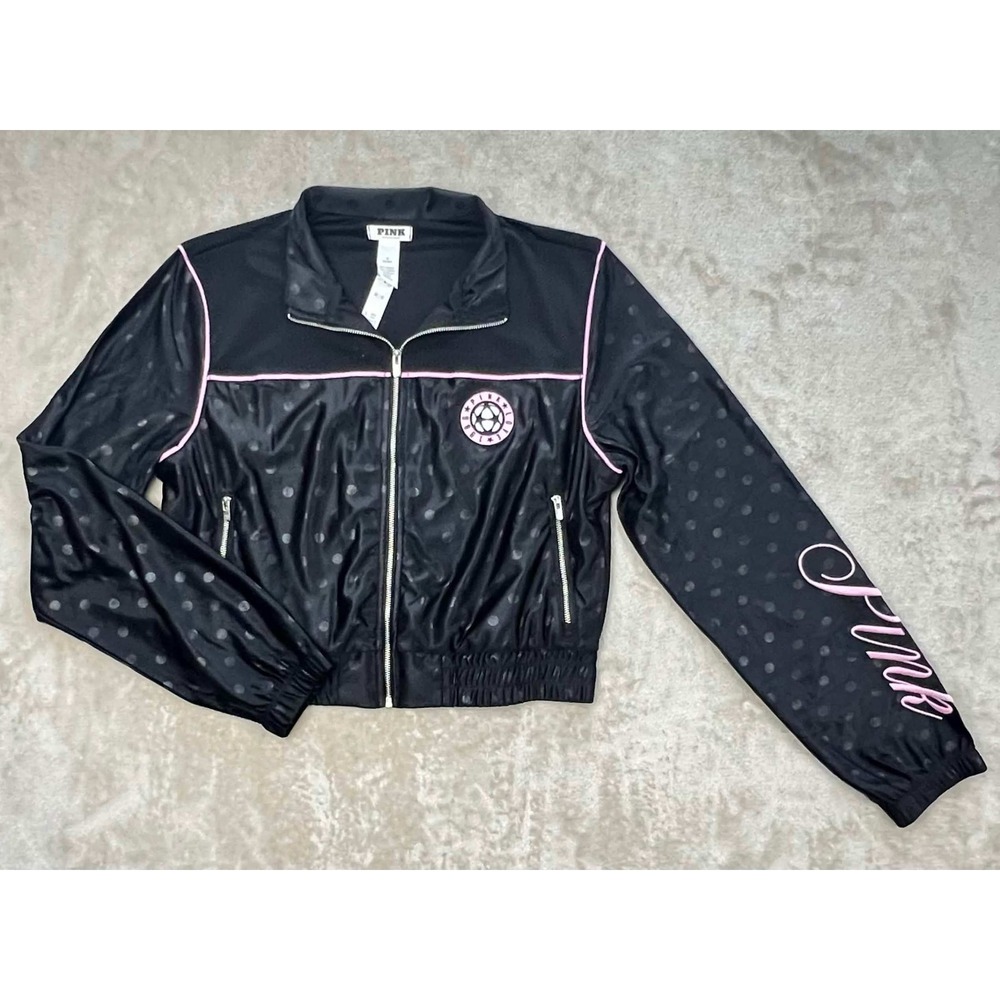 Victoria's Secret PINK Black Polka Dot Track Jacket Pink Piping NWT Medium